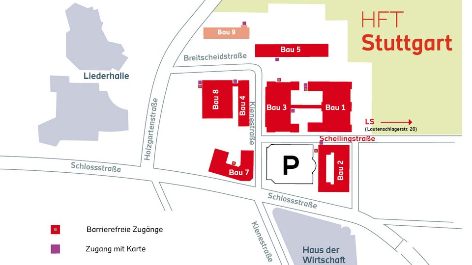 Lageplan der HFT Stuttgart. Seminarräume im EG von Bau 9: Der Durchgang führt links von Bau 5 Richtung Park, Eingangstür auf der Parkseite. Zutritt von 7-19:00 Uhr.