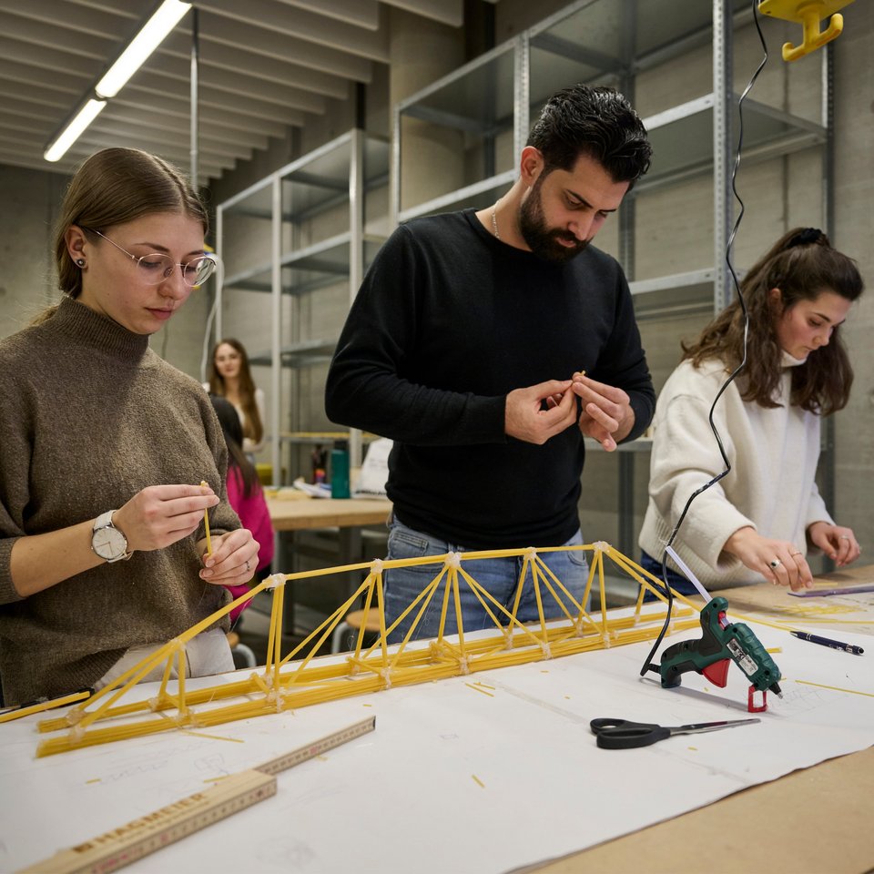 Making-Of Foto, Studierende beim Bau einer Spaghetti-Brücke