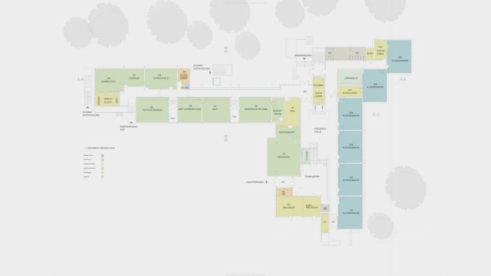 Grundriss der Studienarbeit Sanierung der denmalgeschützten Walter Erbe Realschule in Tübingen