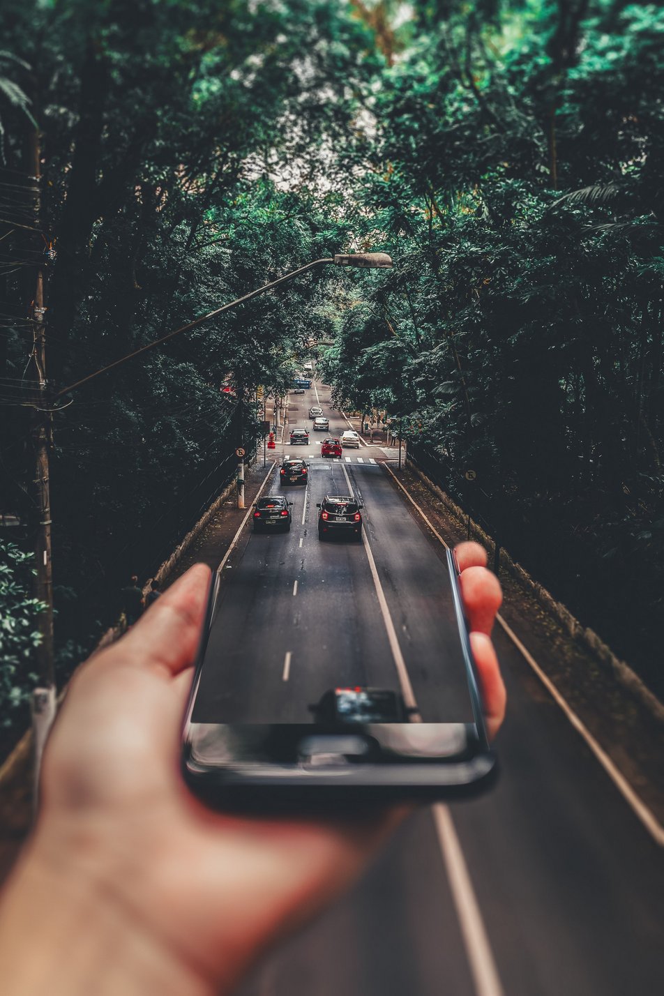 Eine Hand hält ein Handy, im Hintergrund eine Straße